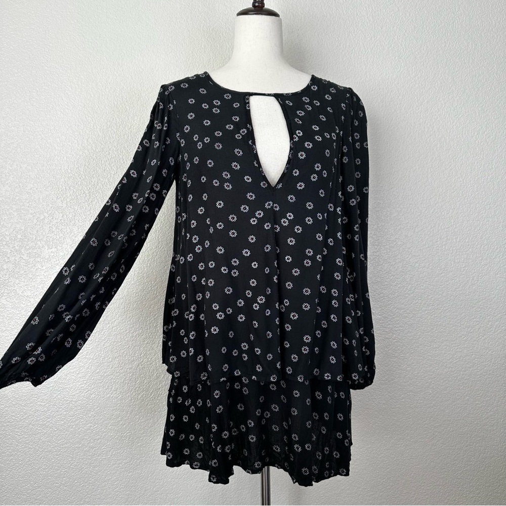 Free People Black Beck Print Keyhole Long Sleeves Tunic Mini Dress, Size XS - Picture 3 of 13